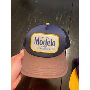 Modelo Cerveza Beer Trucker Hat Navy Blue Brown Yellow Mesh Adjustable